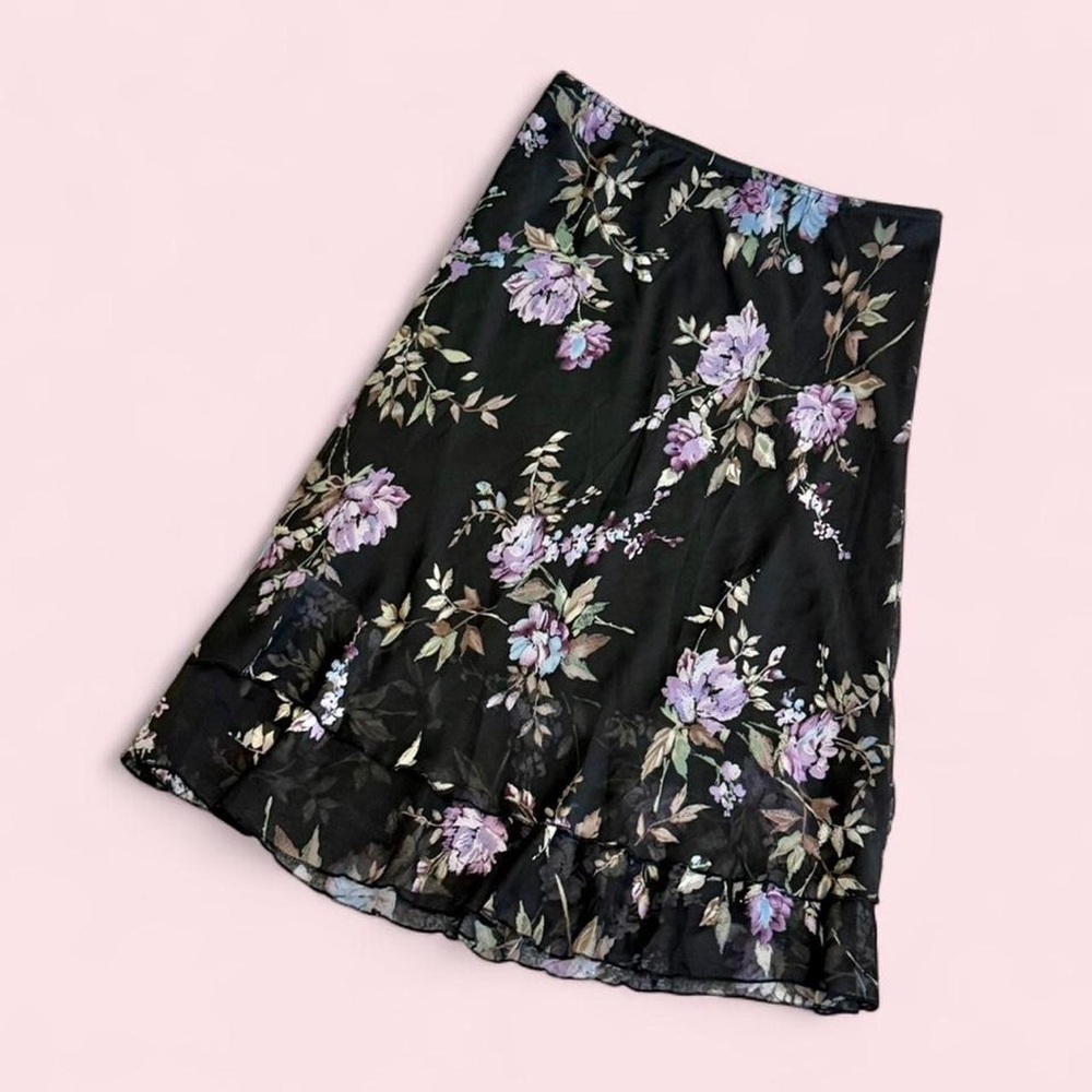 Briggs New York Black Floral Midi Skirt with Lavender Blooms